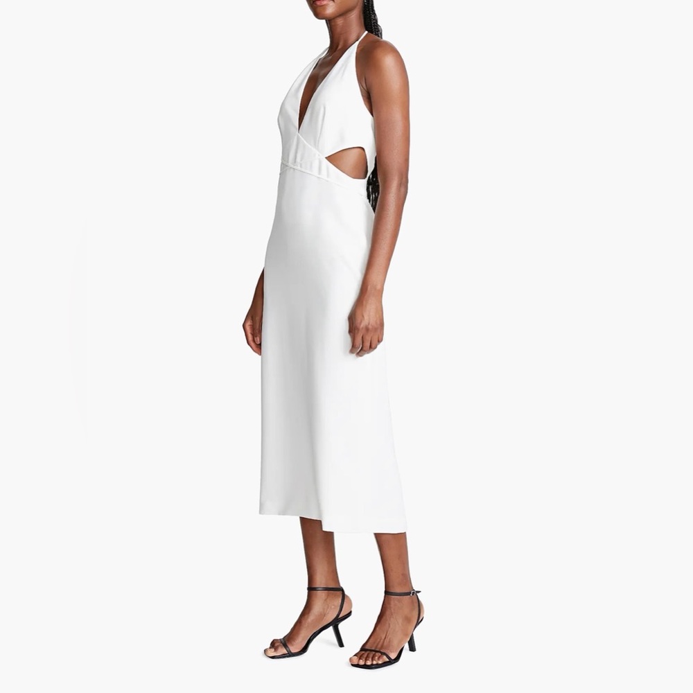 Halston Kailey Halter White V-Neck Backless Cutout Midi Dress Sleevless NWT | 8 - Picture 2 of 10